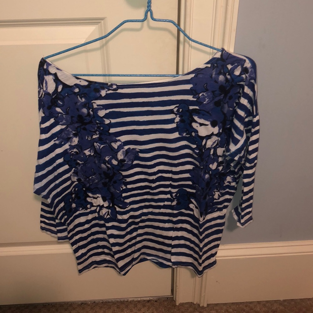 floral blue and white striped shirt